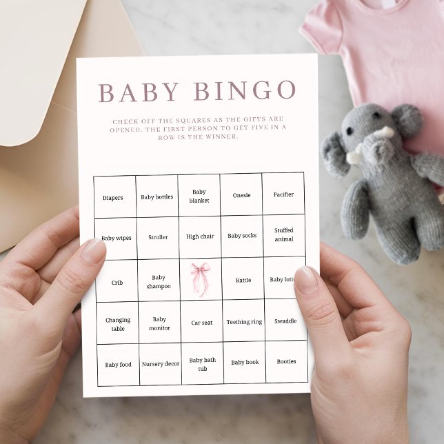 ピンク コケット ボウ ベビーシャワー ビンゴ (Pink Coquette Bow Baby Shower Bingo Card)