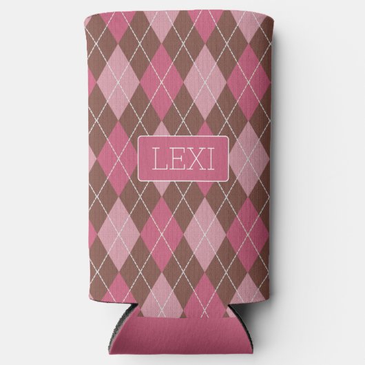 ピンク/コーヒーアーガイルダイヤモンドパターン – お名前 スリム缶クーラー (正面)