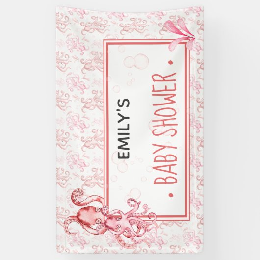 ピンク&コーラルシーライフタコ赤ちゃんシャワー |少女 横断幕 (縦)