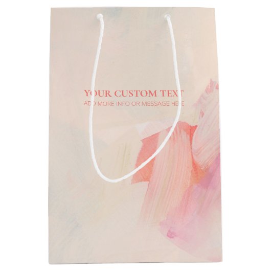 ピンク＆コーラル アブストラクトアートの絵 カスタムテキスト ミディアムペーパーバッグ (正面)