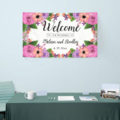 ピンク・コーラル・パープル・サマー・フローラズ・結婚ウェルカム 横断幕 (トレードショー)
