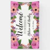 ピンク・コーラル・パープル・サマー・フローラズ・結婚ウェルカム 横断幕 (縦)