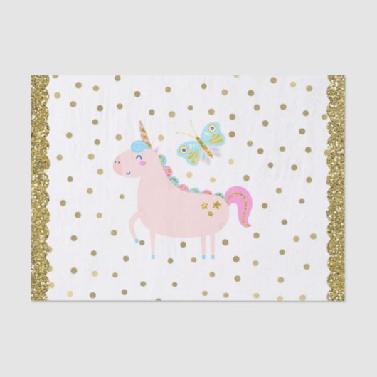 ピンク＆ゴールドのグリッター ユニコーンの女の子の誕生日パーティー 薄葉紙 (正面)