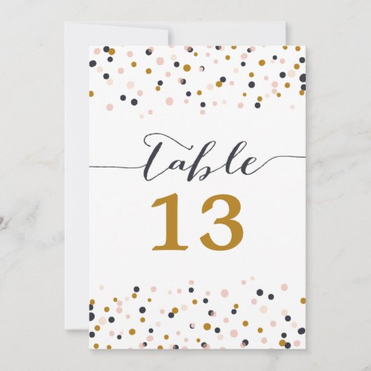 ピンク＆ゴールドのコンフェッティドット テーブルナンバーカード 招待状 (正面)