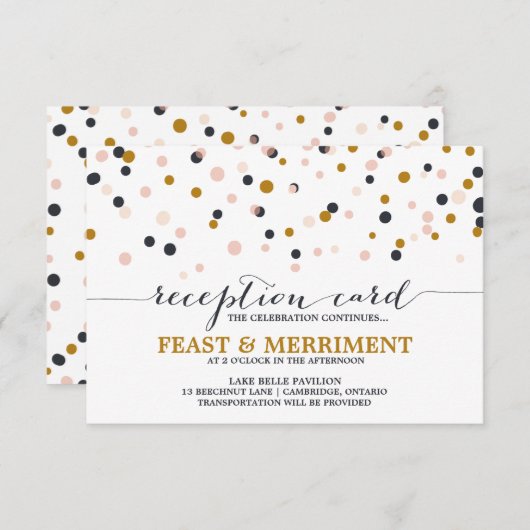 ピンク＆ゴールドのコンフェッティドット 結婚式の受付カード 招待状 (正面/裏面)