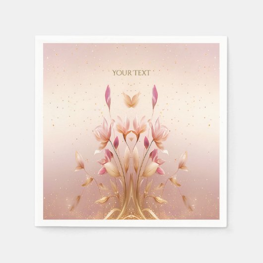 ピンク ゴールドの葉の花のナプキン スタンダードカクテルナプキン (正面)