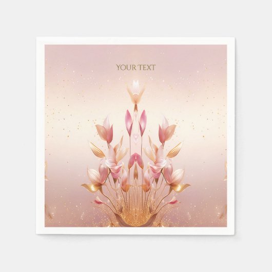 ピンク ゴールドの葉の花のナプキン スタンダードカクテルナプキン (正面)