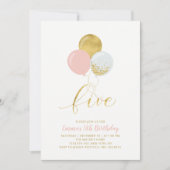 ピンク＆ゴールドの風船 | 女の子の5歳の誕生日パーティー 招待状 (正面)