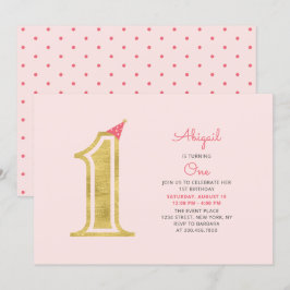 ピンク & ゴールド | かわいいモダンガール 1歳誕生日パーティー 招待状