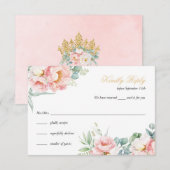ピンク & ゴールド エレガント キンセアニエラ 出席・欠席カード 招待状 (正面/裏面)