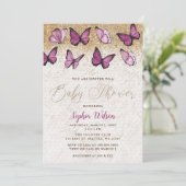 ピンク ゴールド グリッター バタフライ ベイビー シャワー 招待状 (スタンド正面)