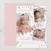 ピンク ゴールド グリッター ファースト バースデー 3 フォト コラージュ 招待状 (正面/裏面)