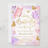ピンク ゴールド パープル バタフライ ベイビー シャワー 招待状 (正面)