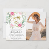 ピンク ゴールド フローラル グリーン スウィート16 誕生日写真 招待状 (正面)