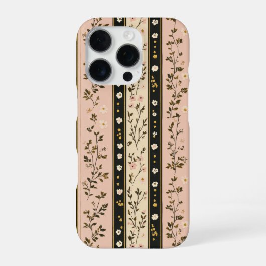 ピンク ゴールド ブラック ヴィンテージ ストライプ 花 iPhoneケース (裏面)