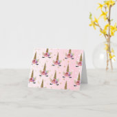 ピンク&ゴールド ユニコーン フラワーホーン バースデーパーティー カード (黄色い花)