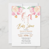 ピンク ゴールド ユニコーン 花の水彩 ベビー シャワー 招待状 (正面)