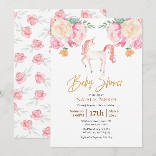 ピンク ゴールド ユニコーン 花の水彩 ベビー シャワー 招待状 (正面/裏面)