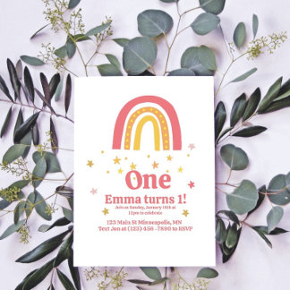 ピンク ゴールド レインボー 1歳 誕生日 招待状