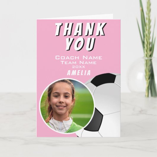 ピンク サッカー フットボール コーチ ボール 写真 サンキューカード (正面)