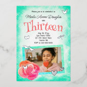 ピンク、サンゴバラ、ターコイズフォト誕生日 箔招待状 (正面)