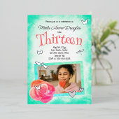 ピンク、サンゴバラ、ターコイズフォト誕生日 箔招待状 (立ち正面)