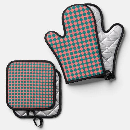 ピンク シアン チェッカー ダイヤモンド パターン 鍋つかみ&鍋敷きセット (正面/裏面)