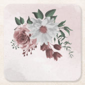ピンク シナモン ローズ ホワイト フラワーリ スクエアペーパーコースター (正面)