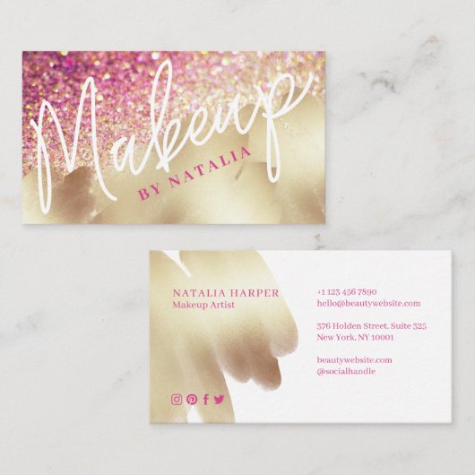 ピンク&シャンパングリッターゴールドフォイル美しいメイクアップ 名刺 (正面/裏面)