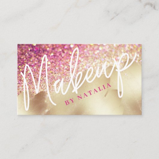 ピンク&シャンパングリッターゴールドフォイル美しいメイクアップ 名刺 (正面)