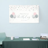 ピンク&シルバーのバルーン1stバースデーバナー 横断幕 (トレードショー)