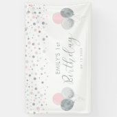 ピンク&シルバーのバルーン1stバースデーバナー 横断幕 (縦)