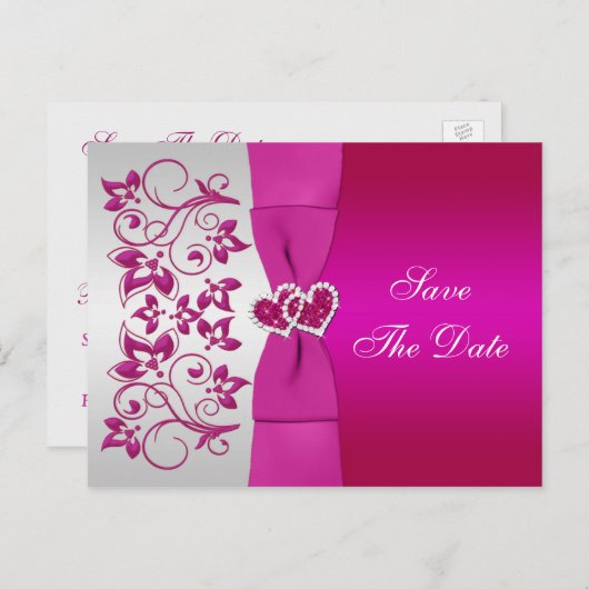 ピンク、シルバーのフローラ日付のポストカードを保存 案内ポストカード (正面/裏面)