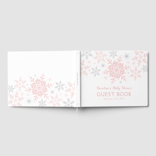 ピンク・シルバーの小さなスノーフレーク・ガール・ベビーシャワー ゲストブック (全面)