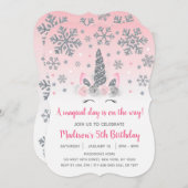 ピンク&シルバーウィンターユニコーンマジカル誕生日 招待状 (正面/裏面)