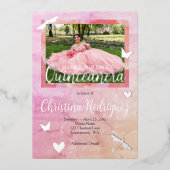 ピンク&シルバーキンセアニェラバラ招待状 箔招待状 (正面)