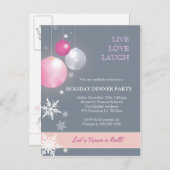 ピンク、シルバークリスマスボールディナーパーティー インビテーションポストカード (正面/裏面)