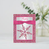 ピンク、シルバーグリッタースノーフレークRSVPカード 出欠カード (スタンド正面)