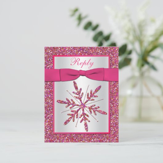 ピンク、シルバーグリッタースノーフレークRSVPカード 出欠カード (スタンド正面)