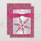 ピンク、シルバーグリッタースノーフレークRSVPカード 出欠カード (正面/裏面)