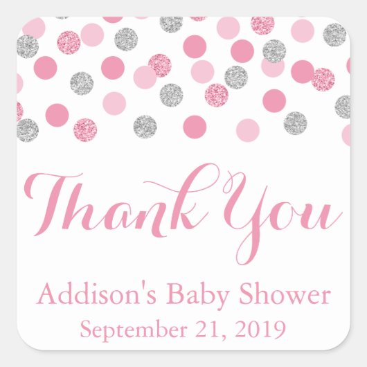 ピンク&シルバーグリッターベビーシャワーサークルシール スクエアシール (正面)