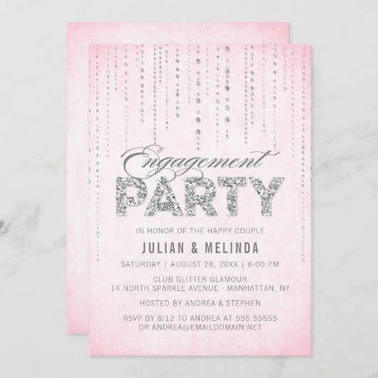 ピンク&シルバーグリッター婚約パーティ 招待状 (正面/裏面)