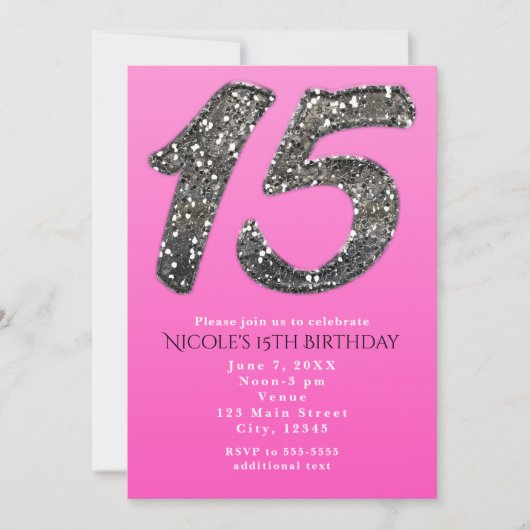 ピンク&シルバーグリッター15パーティの招待状 招待状 (正面)