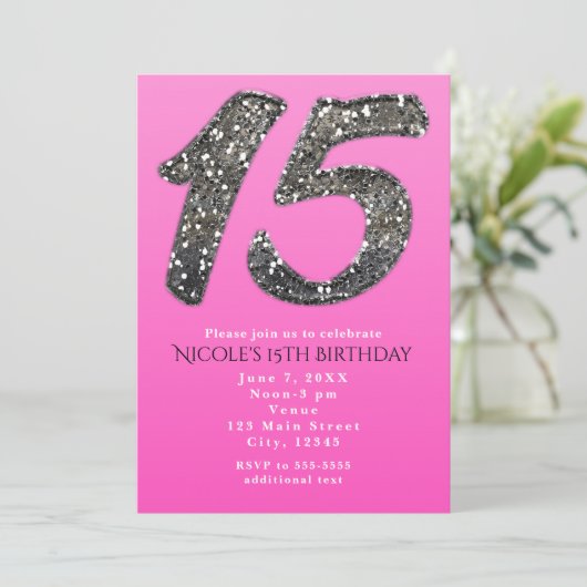 ピンク&シルバーグリッター15パーティの招待状 招待状 (スタンド正面)