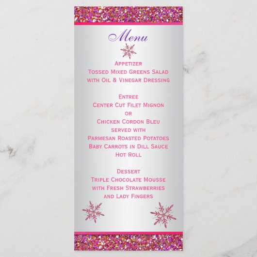 ピンク、シルバーグレーフェイクグリッターの雪の結晶メニュー メニュー (裏面)