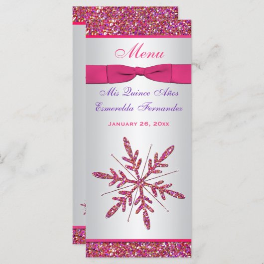 ピンク、シルバーグレーフェイクグリッターの雪の結晶メニュー メニュー (正面/裏面)