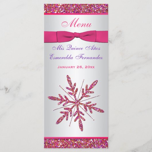 ピンク、シルバーグレーフェイクグリッターの雪の結晶メニュー メニュー (正面)