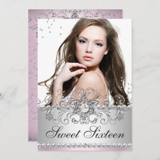 ピンク&シルバージュエルスノーフレーク渦甘16写真 招待状 (正面/裏面)