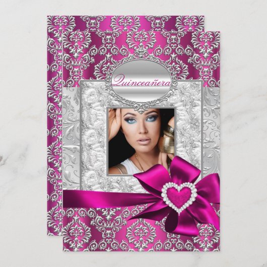 ピンク&シルバーダマスクキンセアニェラのお知らせ 招待状 (正面/裏面)