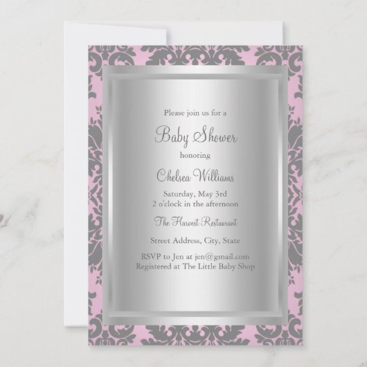 ピンク&シルバーダマスクベビーシャワー招待状 招待状 (裏面)